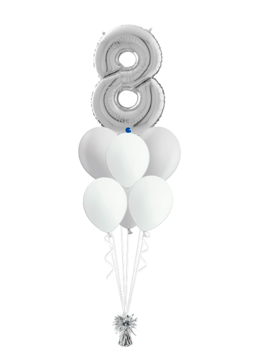 Bouquet cumpleaños Plata 1 número + 6 globos látex