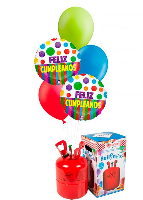 Helio + Bouquet de globos Feliz Cumpleaños dots colores
