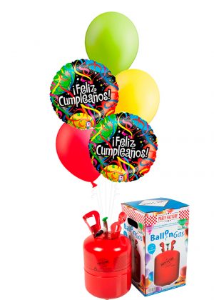 Helio + Bouquet de globos Feliz Cumpleaños serpentina