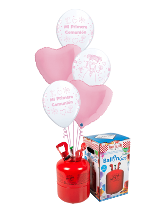 Helio + Bouquet de globos Comunión Niña corazones